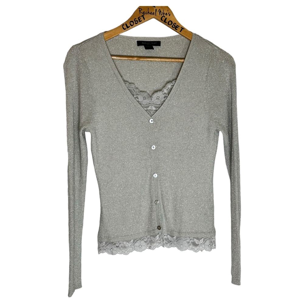 Y2K Noir Cottagecore Women August Silk Petite Silver Ribbed Silk Sweater Lace L